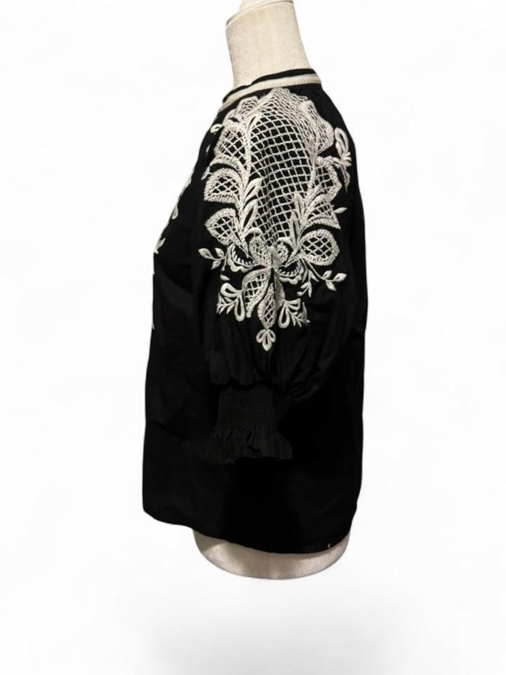 Maeve Embroidered Black Peasant Blouse with embroidery White Detail - Picture 5 of 8